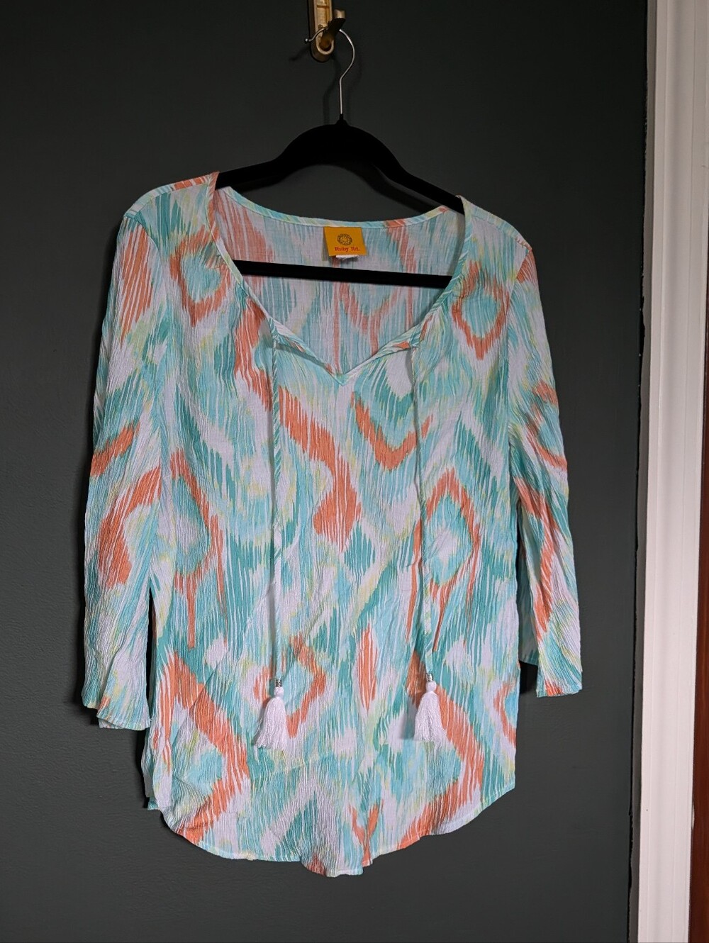 Ruby Rd. Multicolor Ikat-Print V-Neck Tunic in Aqua and Coral
